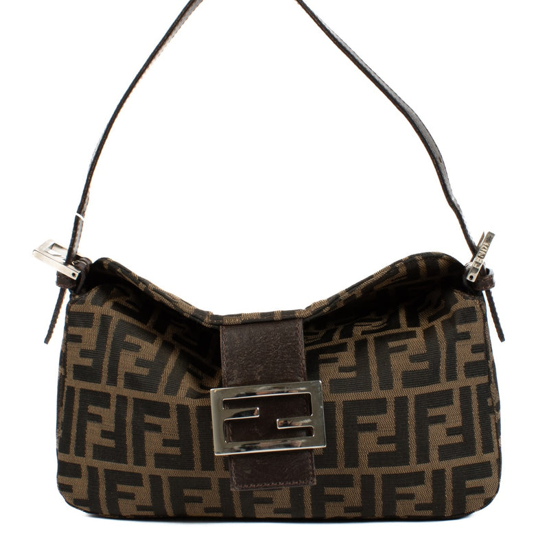 Fendi Zucca Canvas Flap Shoulder Bag, featuring the iconic Zucca monogram print, gold-tone clasp, and adjustable shoulder strap. Shop now on Labellov.com.
