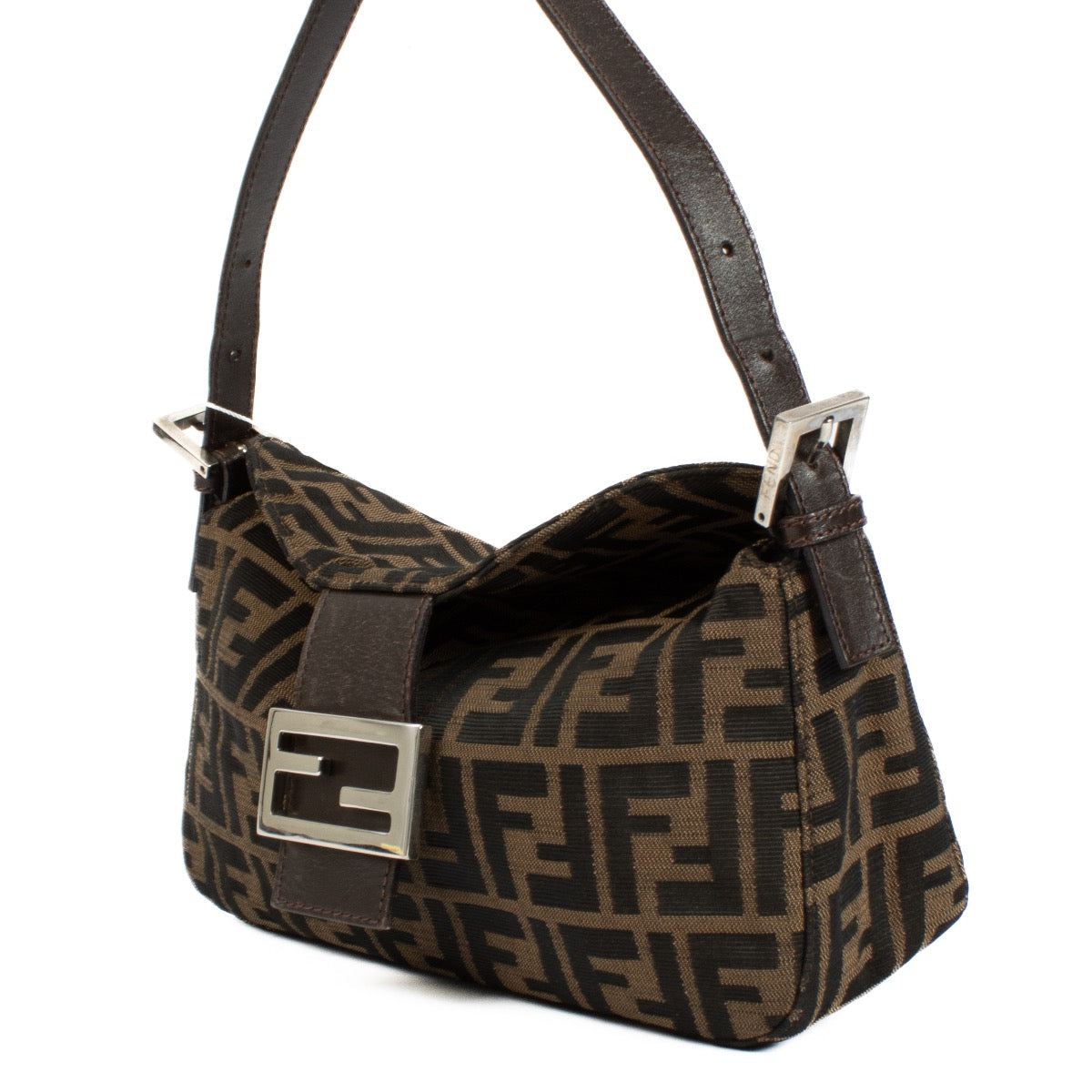 Fendi Zucca Canvas Flap Shoulder Bag, featuring the iconic Zucca monogram print, gold-tone clasp, and adjustable shoulder strap. Shop now on Labellov.com.