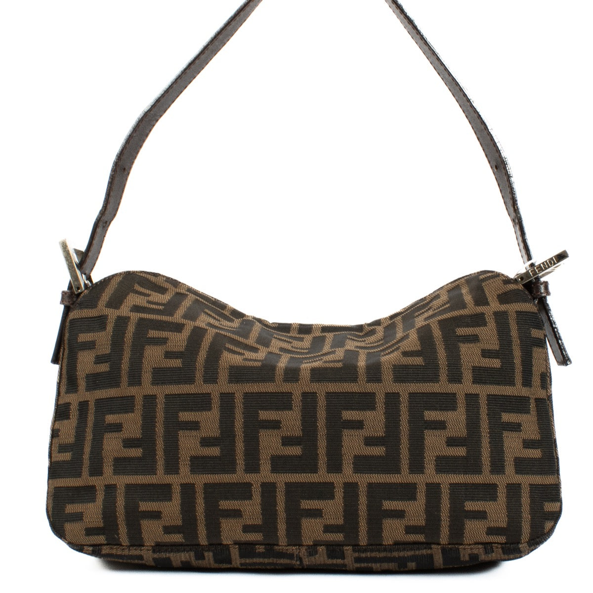 Fendi Zucca Canvas Flap Shoulder Bag, featuring the iconic Zucca monogram print, gold-tone clasp, and adjustable shoulder strap. Shop now on Labellov.com.