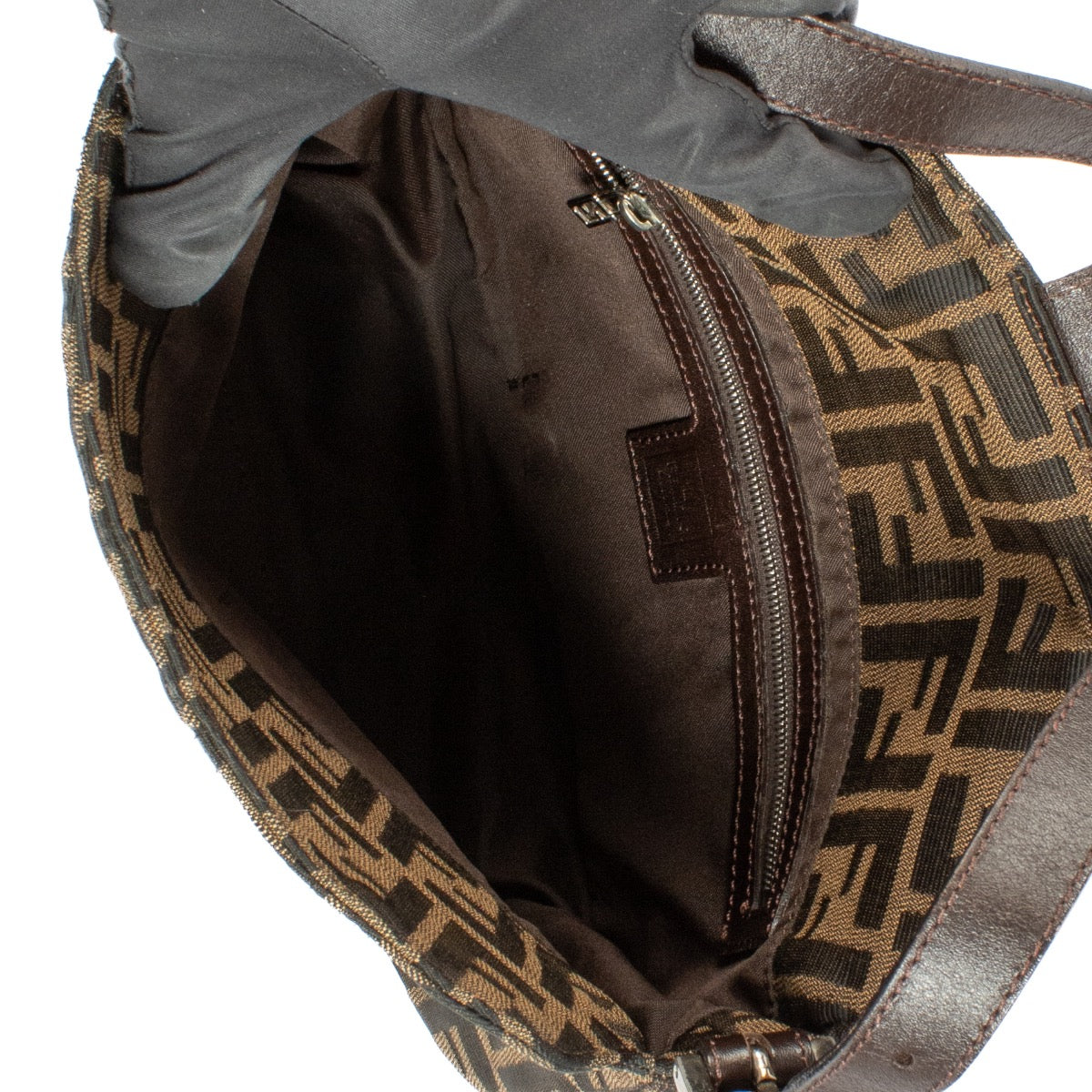 Fendi Zucca Canvas Flap Shoulder Bag, featuring the iconic Zucca monogram print, gold-tone clasp, and adjustable shoulder strap. Shop now on Labellov.com.