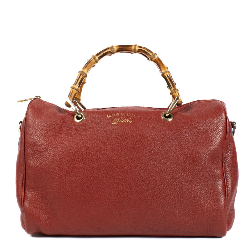 Gucci Burgundy Calfskin Medium Bamboo Shopper Boston Bag
