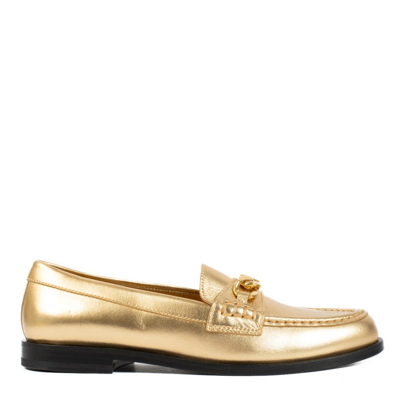 Valentino Garavani Gold Loafers in matte gold, size 38, featuring a sleek design with signature. Shop now on Labellov.com.