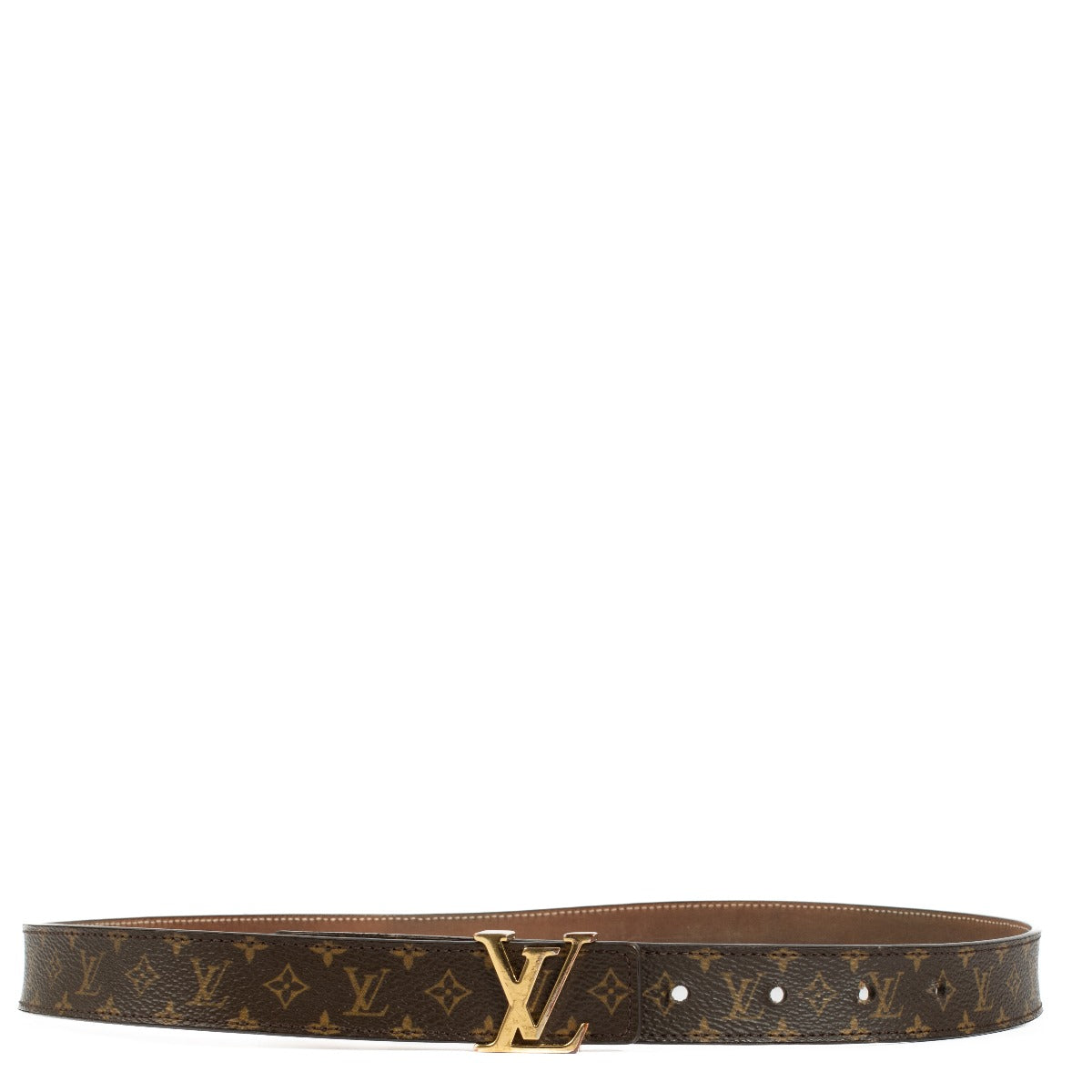 Louis Vuitton Monogram Belt in very good condition, featuring a gold LV logo buckle. Shows signs of use with scratches on the hardware and fading on the inside of the strap. Shop now on Labellov.com
