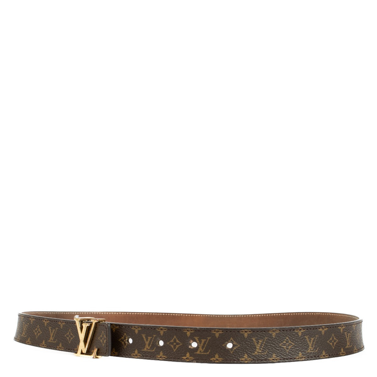 Louis Vuitton Monogram Belt in very good condition, featuring a gold LV logo buckle. Shows signs of use with scratches on the hardware and fading on the inside of the strap. Shop now on Labellov.com
