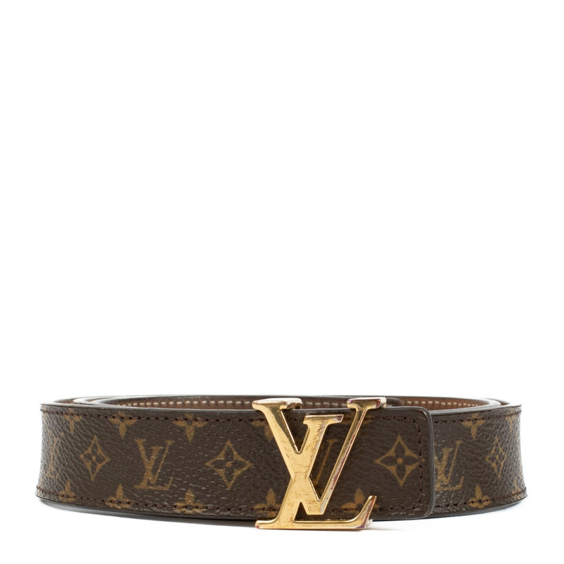 Louis Vuitton Monogram Belt in very good condition, featuring a gold LV logo buckle. Shows signs of use with scratches on the hardware and fading on the inside of the strap. Shop now on Labellov.com