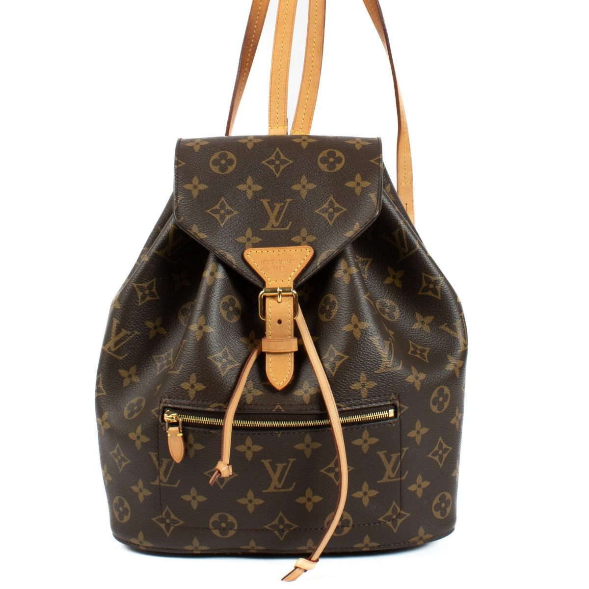 The Louis Vuitton Monogram Montsouris Backpack features the iconic LV monogram canvas with natural leather trim, a drawstring closure with a buckle flap, and adjustable leather straps for comfort. Its spacious interior and front zip pocket offer practical