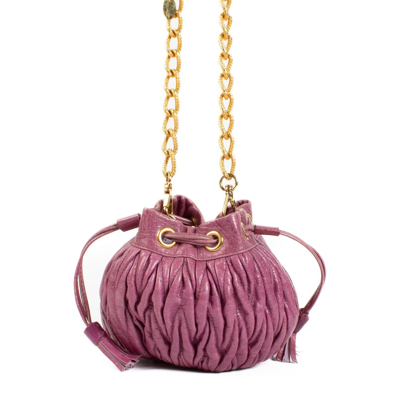 The Miu Miu Purple Crossbody is a small, pouch-shaped bag in a rich purple hue, featuring gold hardware for a luxurious touch. Perfect for carrying essentials in style. Buy now on Labellov.com