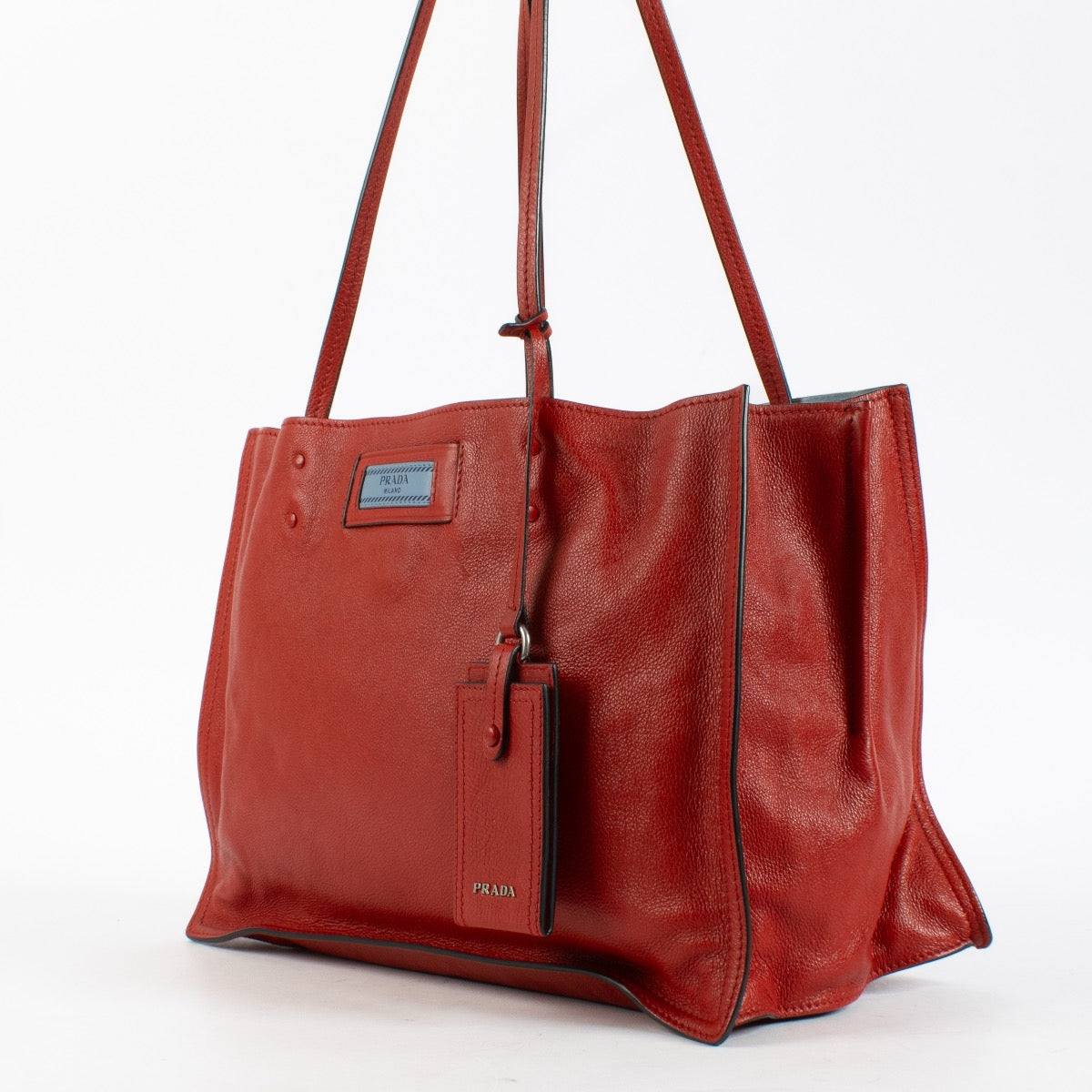 Authentic Second Hand Prada Red Glacé Calf Etiquette Small Tote Bag on Labellov.com