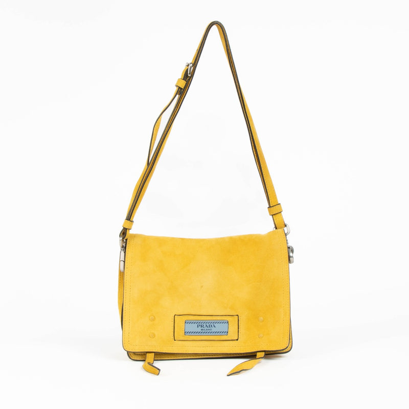Authentic pre-loved Prada Yellow Suede Small Etiquette Shoulder Bag on Labellov.com