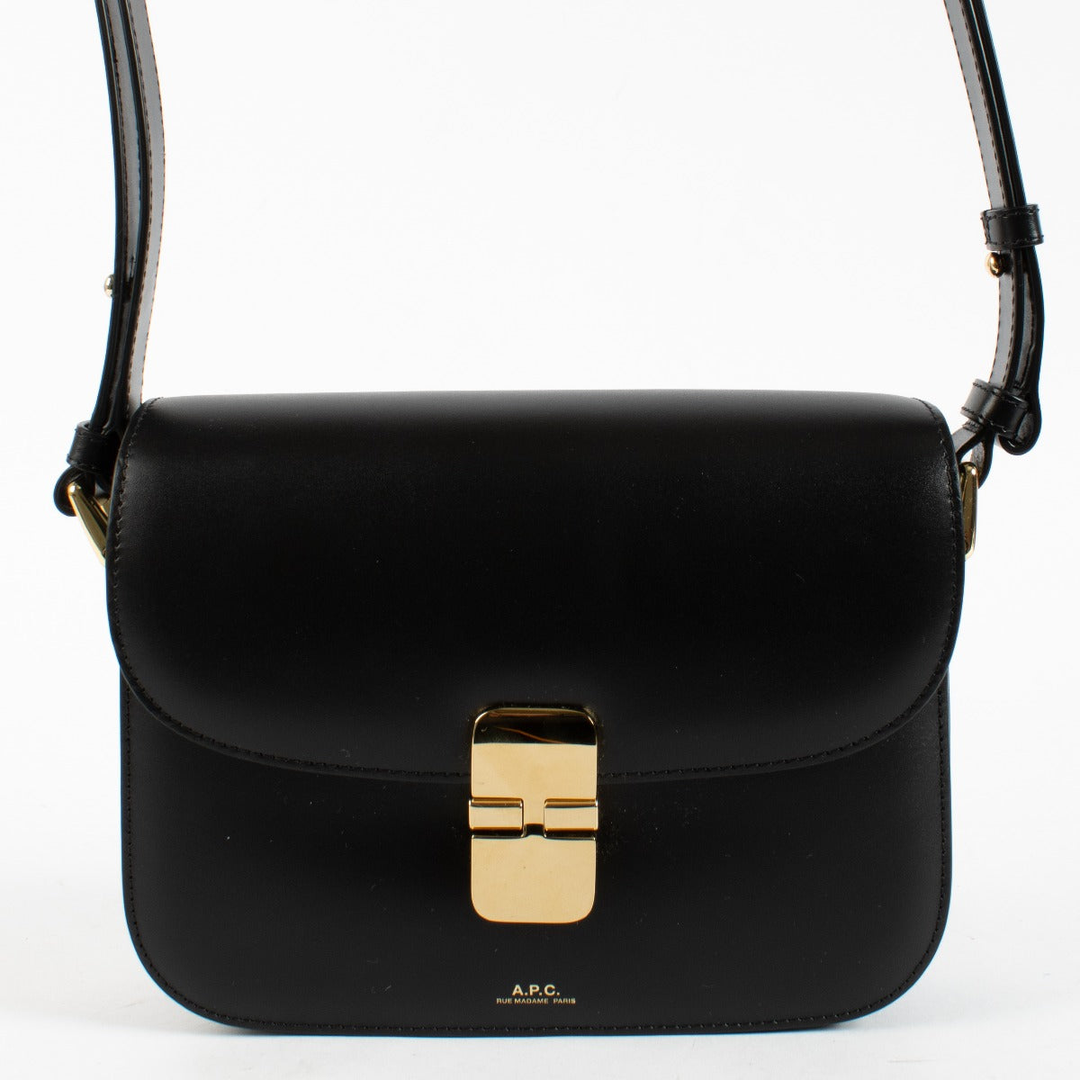 A.P.C. black leather shoulder bag with gold-tone hardware in very good condition at Labellov.com