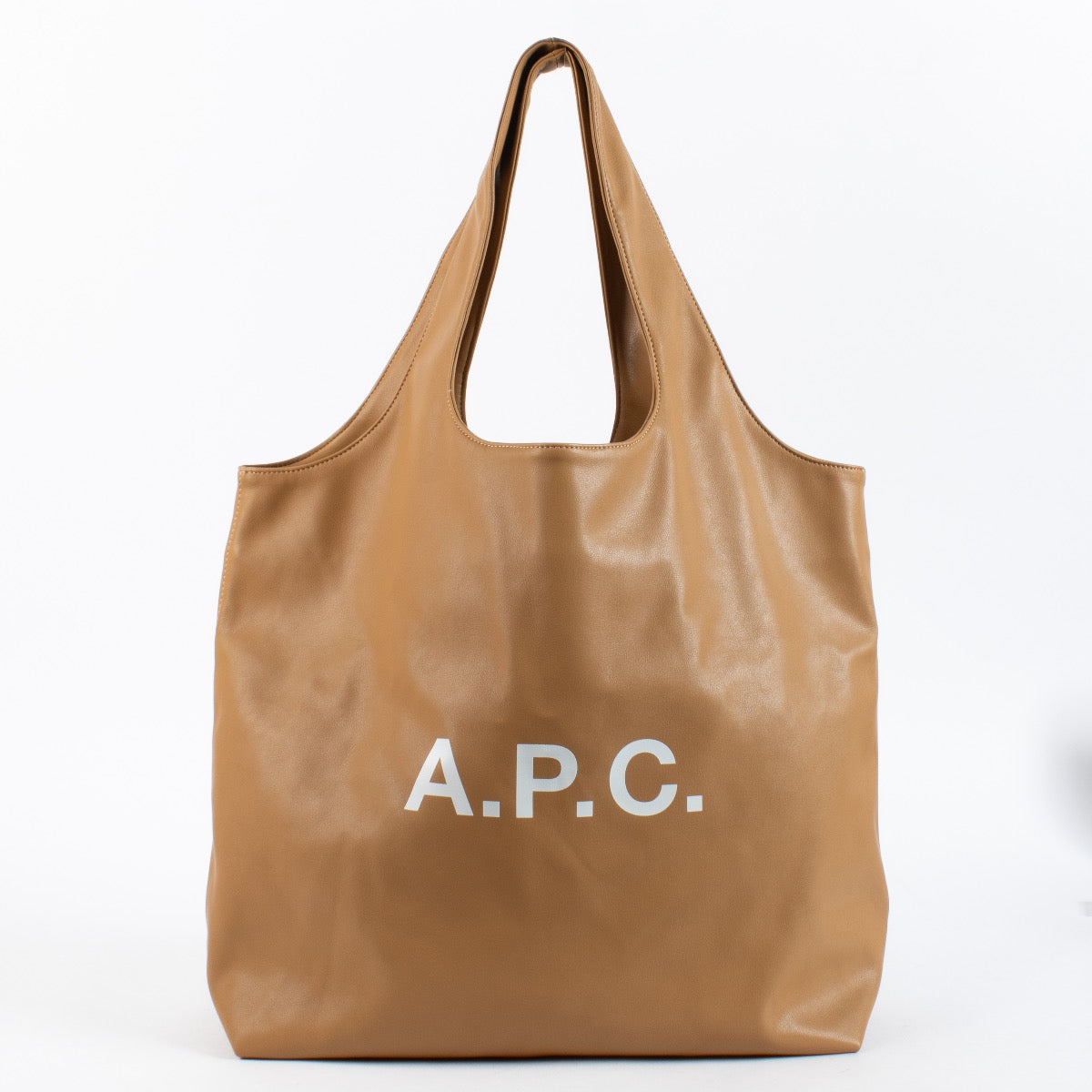 A.P.C. camel leather tote shoulder bag with logo print and soft structure at Labellov.com