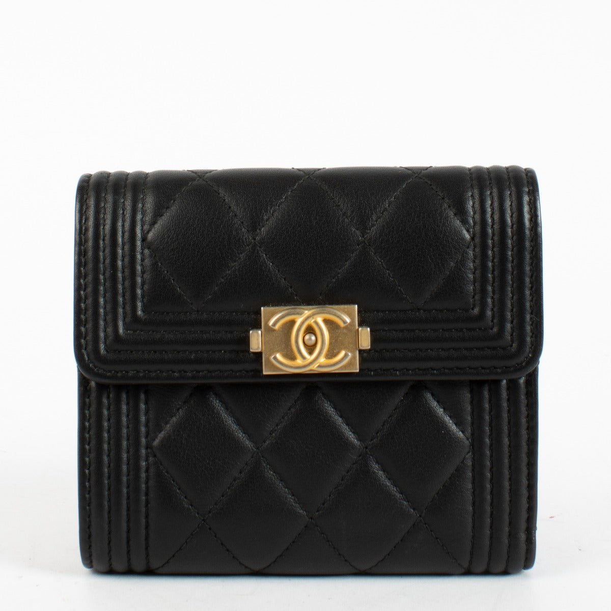 Chanel Black Boy Wallet in quilted leather with gold-tone CC clasp at Labellov.com