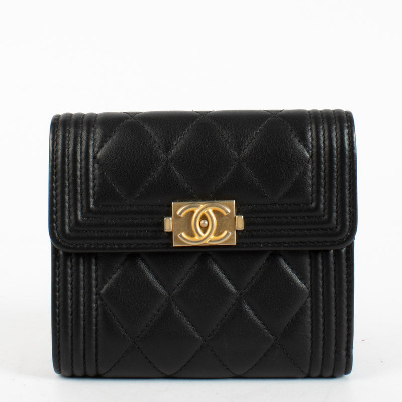 Chanel Black Boy Wallet in quilted leather with gold-tone CC clasp at Labellov.com