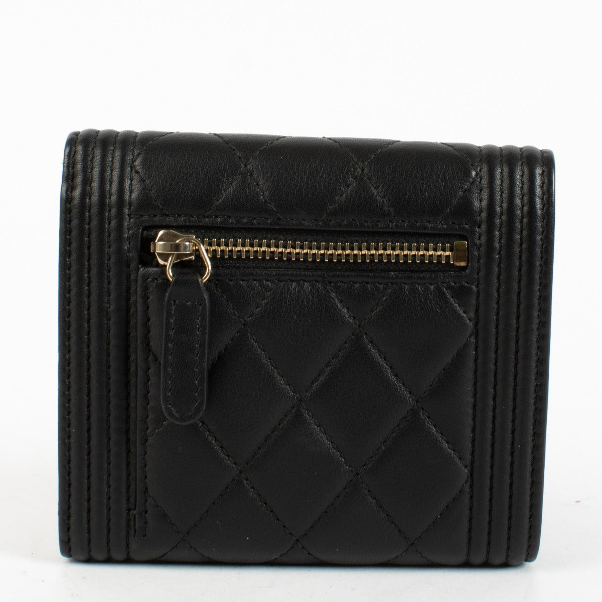 Chanel Black Boy Wallet in quilted leather with gold-tone CC clasp at Labellov.com
