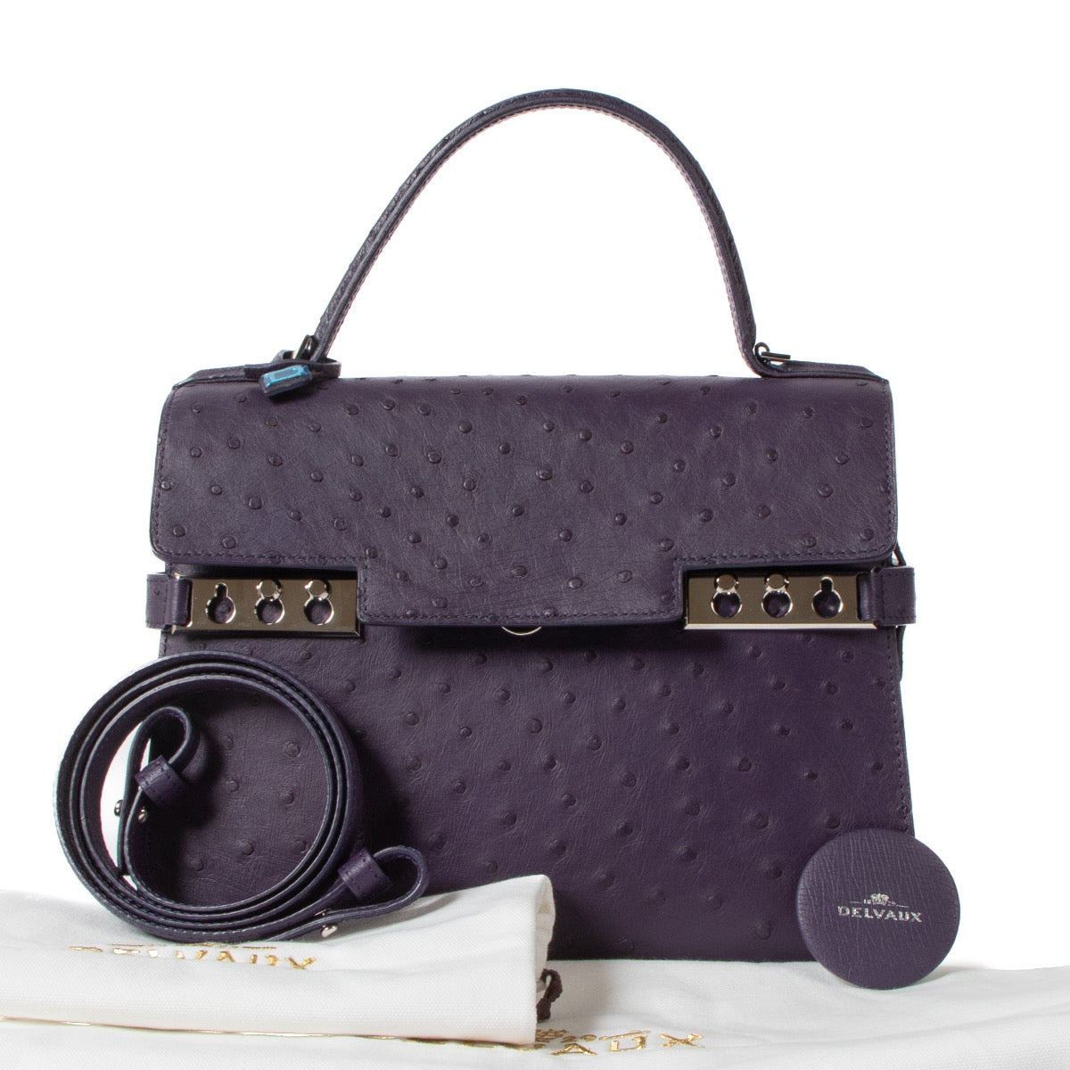 Shop safe online at Labellov in Antwerp, Brussels and Knokke this 100% authentic second hand Delvaux Purple Ostrich Tempête MM. veilig online tweedehands authentieke Delvaux Purple Ostrich Tempête MM kopen bij Labellov.