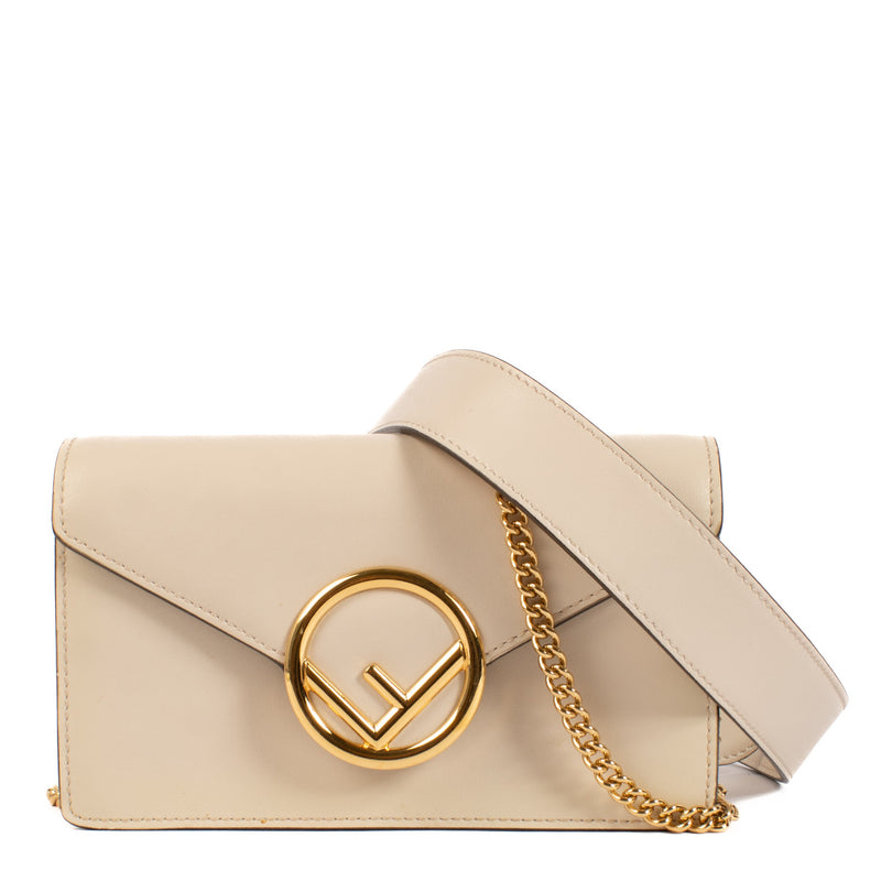 Fendi White Crossbody Belt Bag Easy-to-wear little bag by Fendi with gold-toned metal Logo on the front flap. Magnetic button closure. Clutch, belt bag, crossbody, you name it, we got it! Comes with: chain strap leather strap dust bag