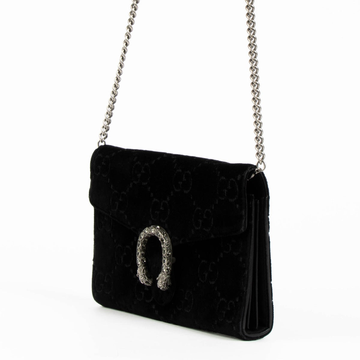 Authentic pre-loved Gucci Black GG Velvet Crystal Dionysus Crossbody Bag on Labellov.com