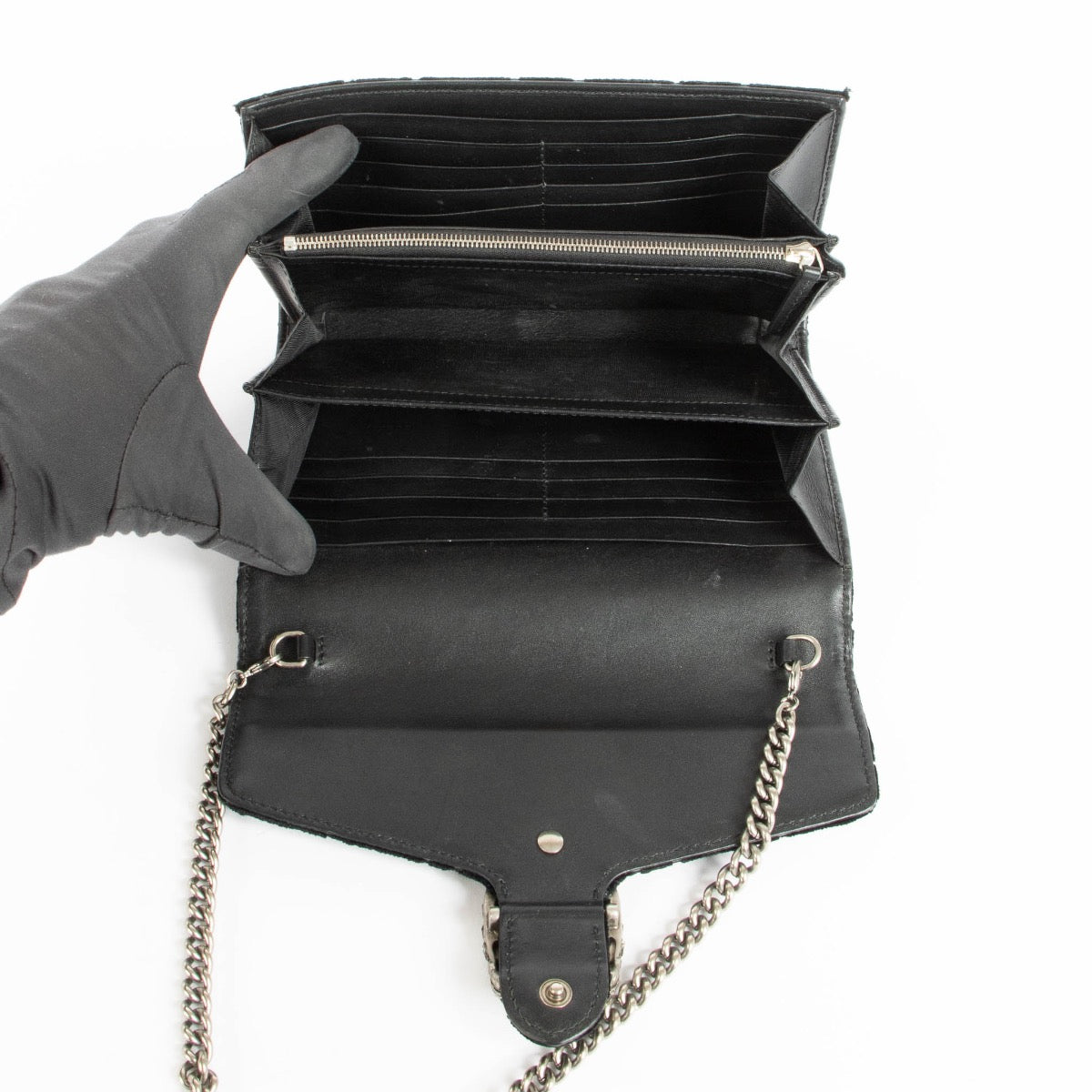 Authentic pre-loved Gucci Black GG Velvet Crystal Dionysus Crossbody Bag on Labellov.com