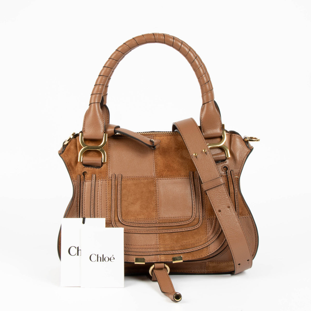Chloé Cognac Marcie Leather & Suede Patchwork Satchel