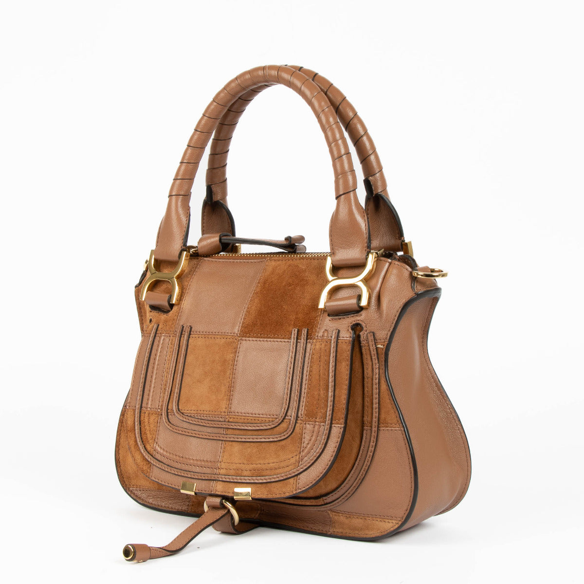 Chloé Cognac Marcie Leather & Suede Patchwork Satchel