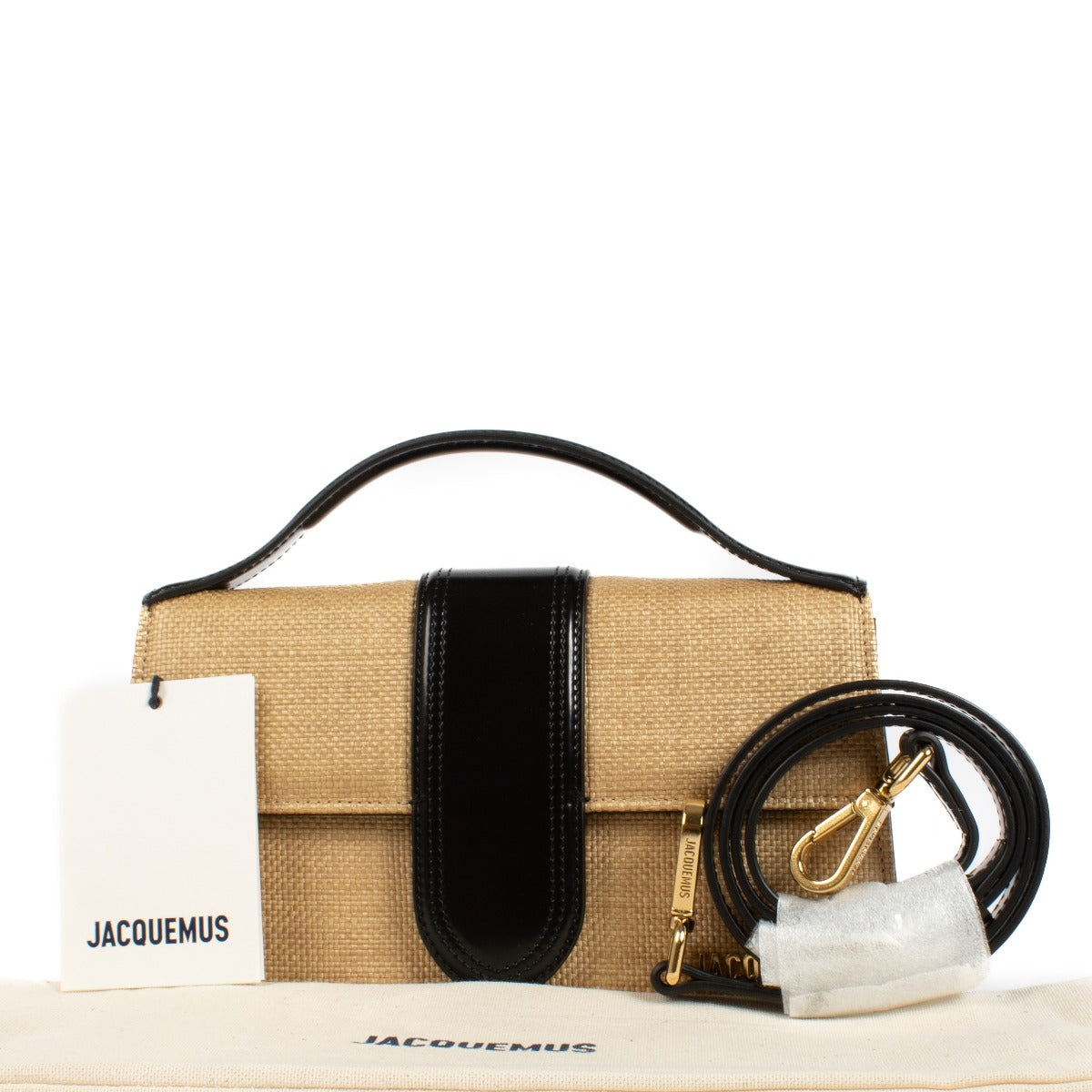 Jacquemus Ivory/Black Faux Raffia Large Bambino Bag