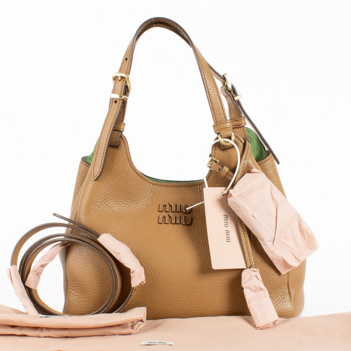 Authentic Preloved Miu Miu Caramel/Larch Green Leather Handbag on Labellov.com