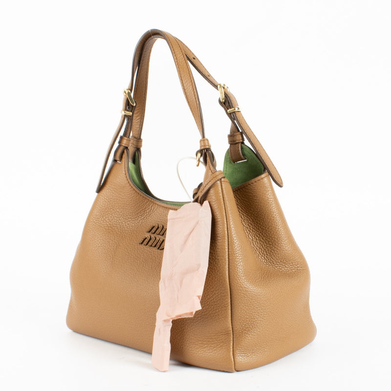 Authentic Preloved Miu Miu Caramel/Larch Green Leather Handbag on Labellov.com