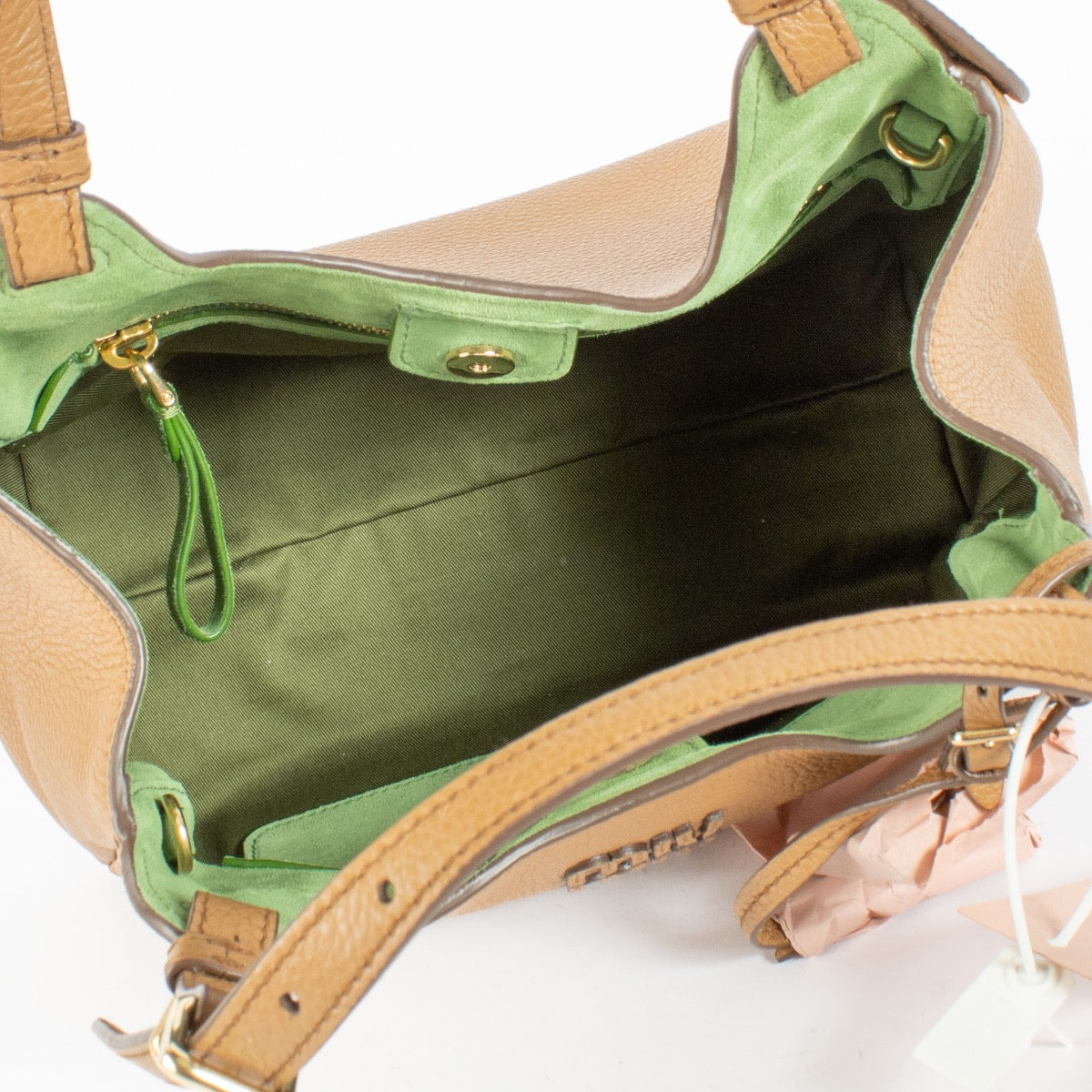 Authentic Preloved Miu Miu Caramel/Larch Green Leather Handbag on Labellov.com