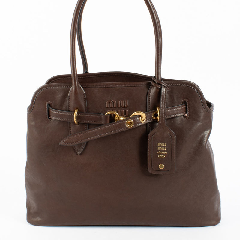 Authentic Preloved Miu Miu Brown Adventure Bag Top Handle on Labellov.com