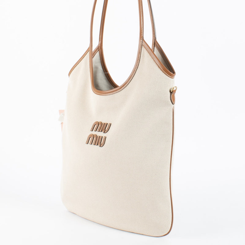 Authentic Preloved Miu Miu Beige Canvas Ivy Tote Bag on Labellov.com
