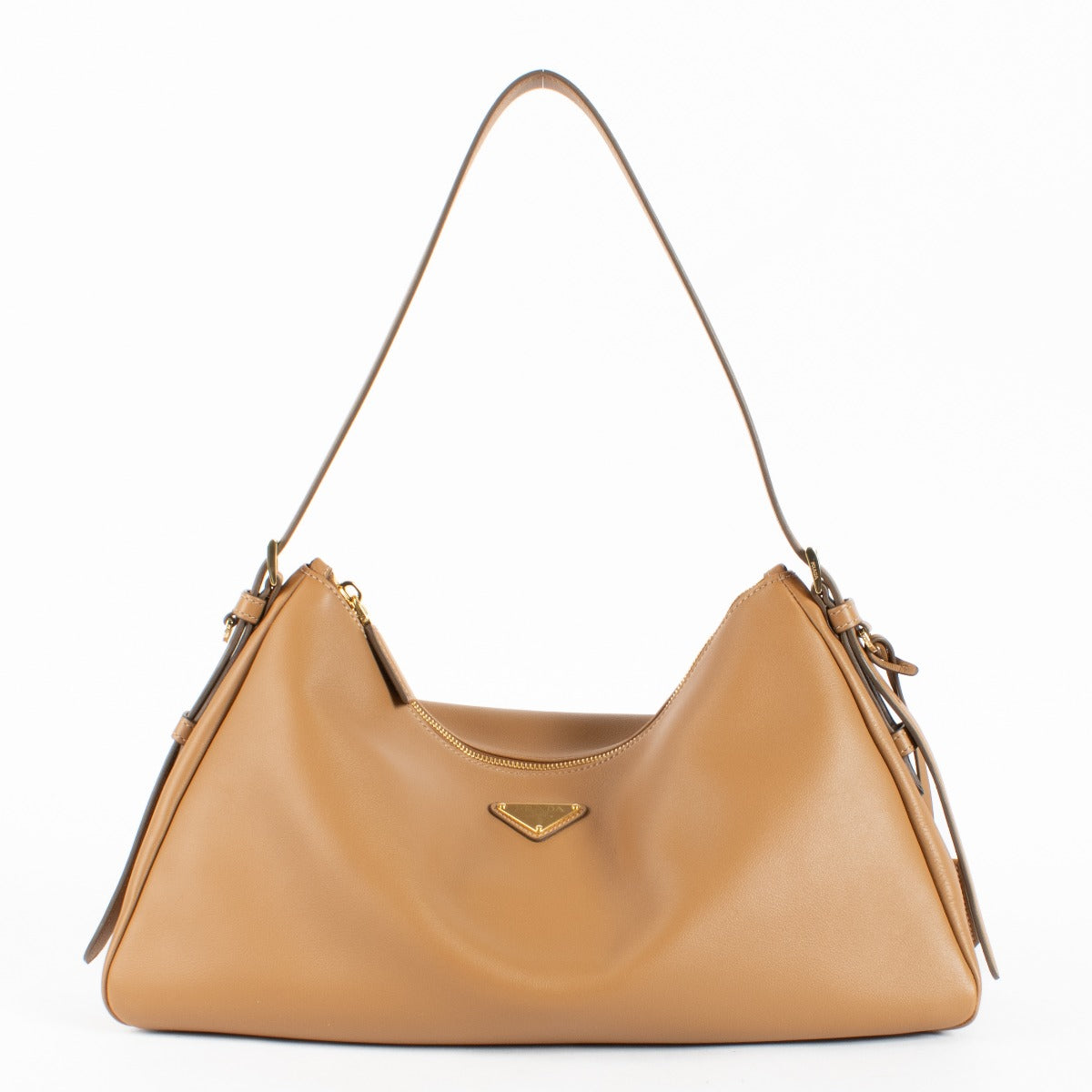 Prada Camel Aimée Large calfskin shoulder bag with gold-tone hardware at Labellov.com