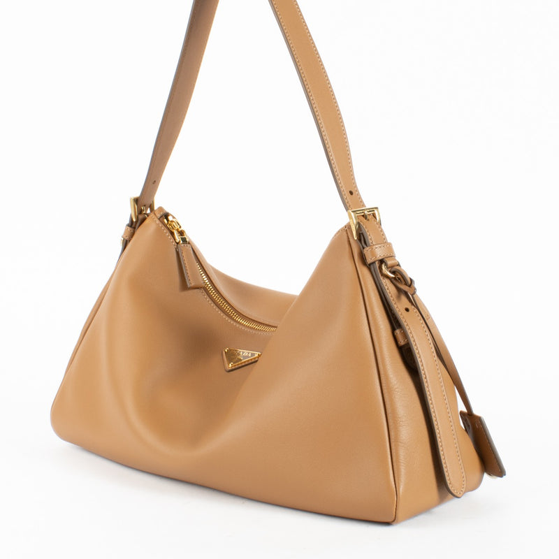 Prada Camel Aimée Large calfskin shoulder bag with gold-tone hardware at Labellov.com