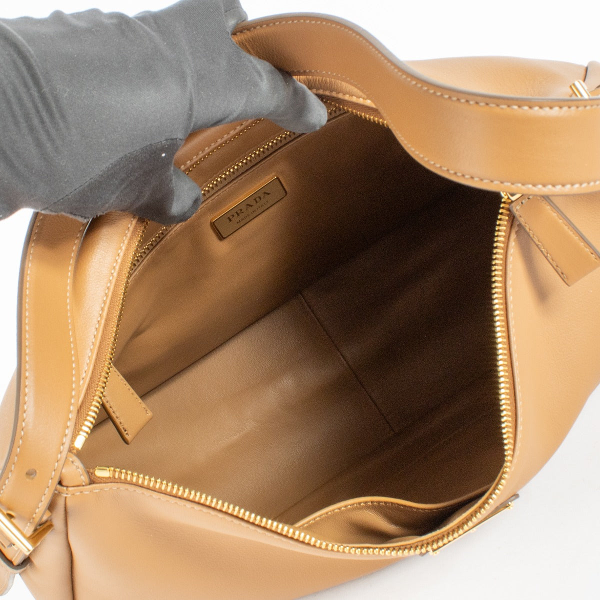 Prada Camel Aimée Large calfskin shoulder bag with gold-tone hardware at Labellov.com