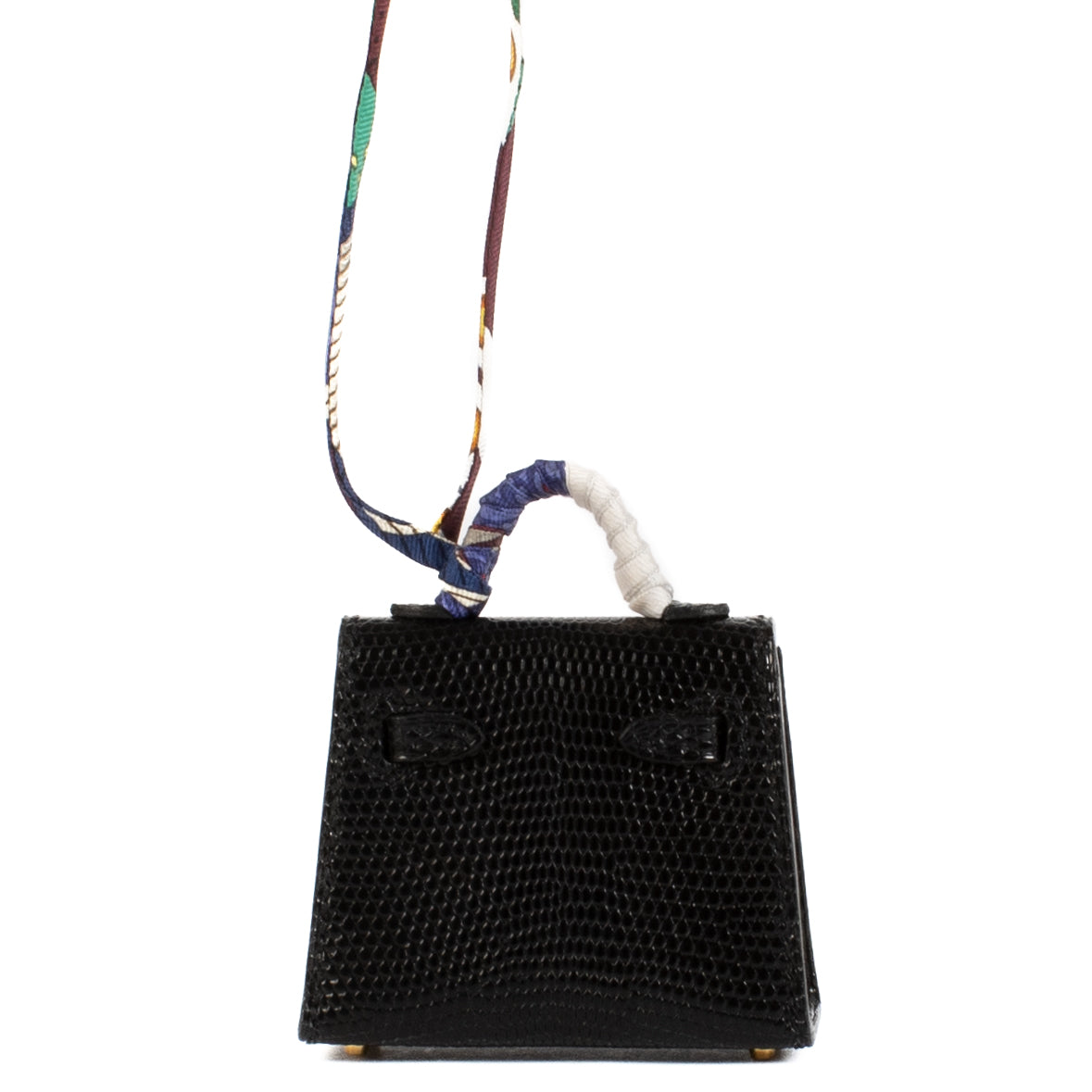 Hermès Micro Mini Kelly Twilly Charm Zwart Glanzend Hagedis GHW