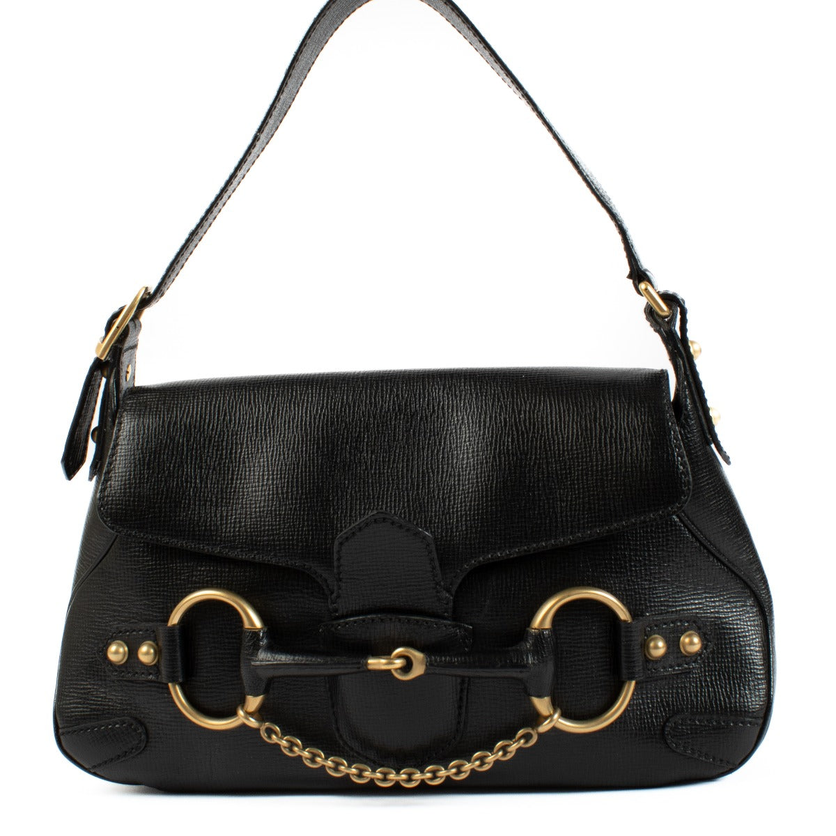 Gucci Black Horsebit Shoulder Bag in premium black leather, featuring the iconic Horsebit detail and an adjustable shoulder strap for versatile wear. Buy now on Labellov.