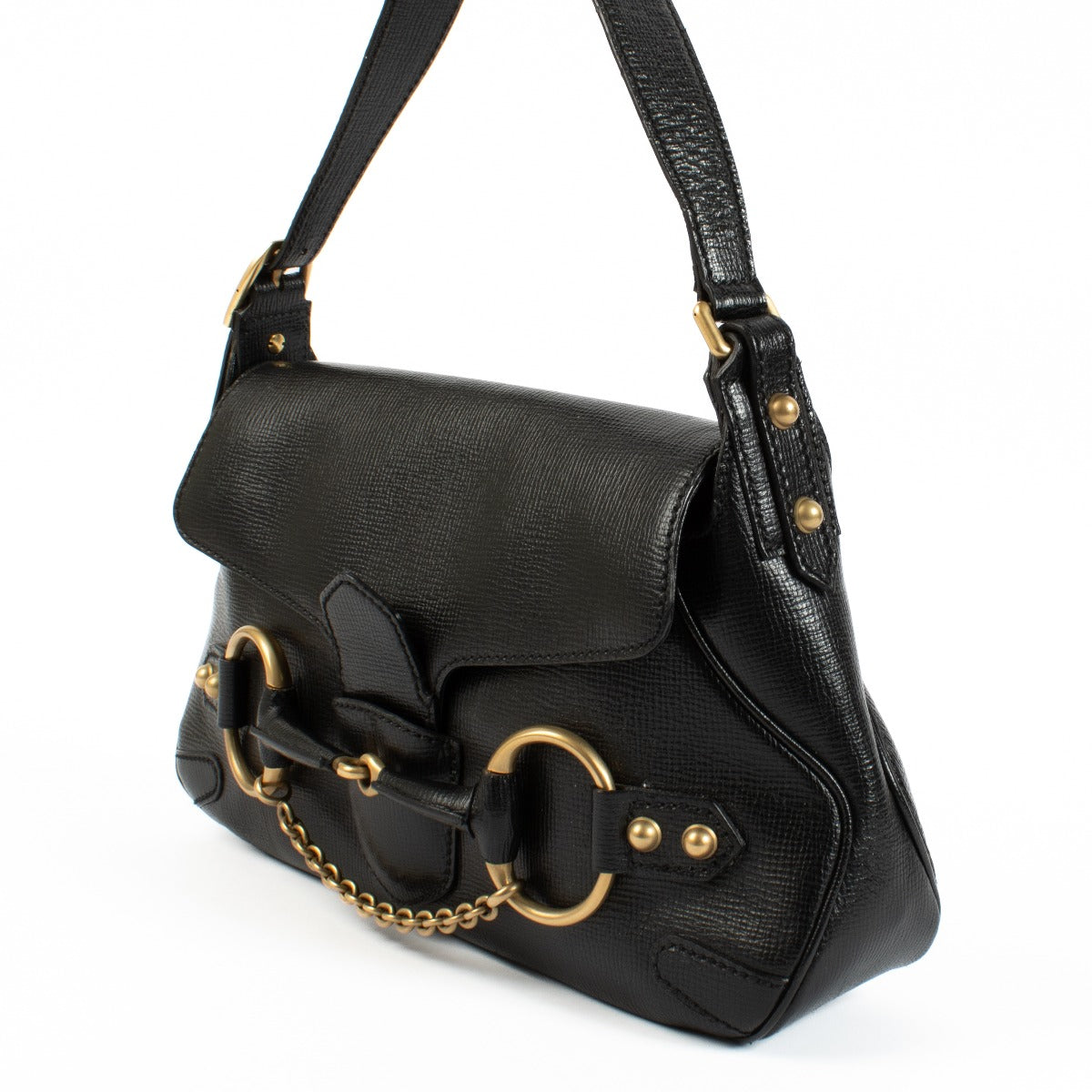 Gucci Black Horsebit Shoulder Bag in premium black leather, featuring the iconic Horsebit detail and an adjustable shoulder strap for versatile wear. Buy now on Labellov.