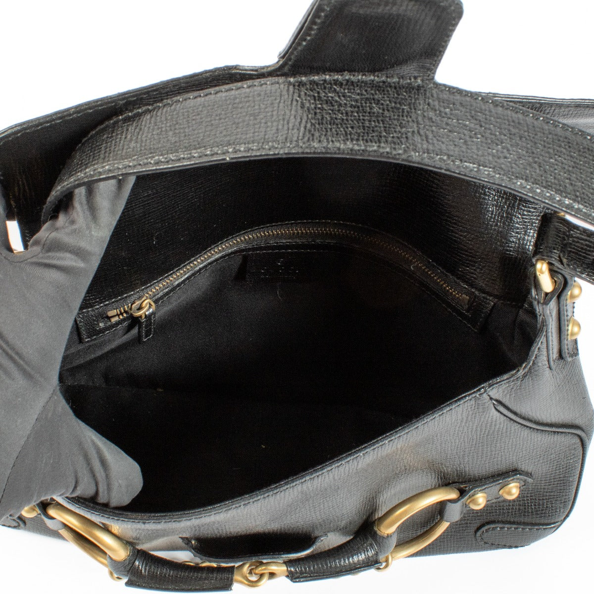 Gucci Black Horsebit Shoulder Bag in premium black leather, featuring the iconic Horsebit detail and an adjustable shoulder strap for versatile wear. Buy now on Labellov.