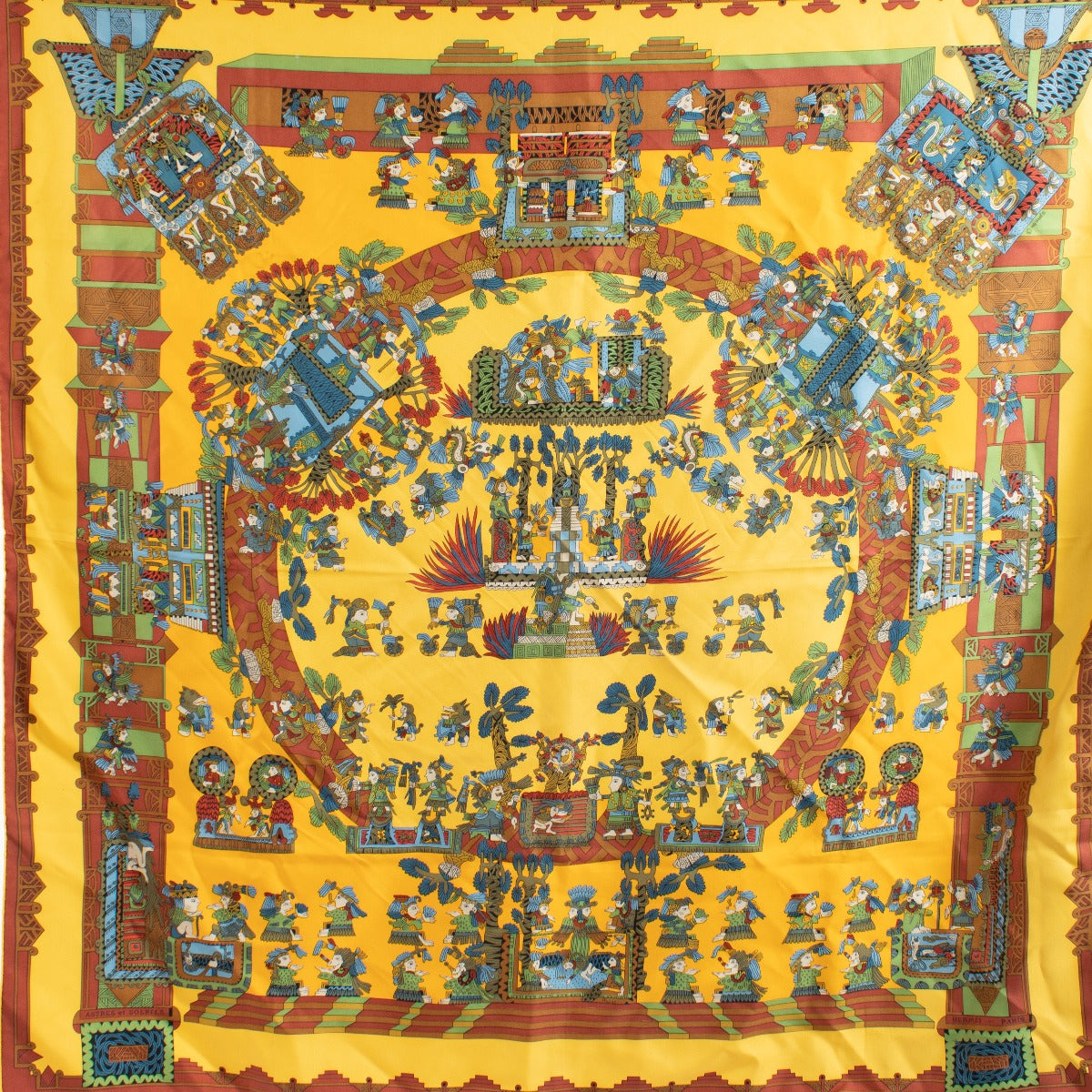 Vibrant Hermès multicolor 90 silk scarf featuring bold yellow, red, blue, and green hues with the brand's iconic patterns. Buy now on Labellov.