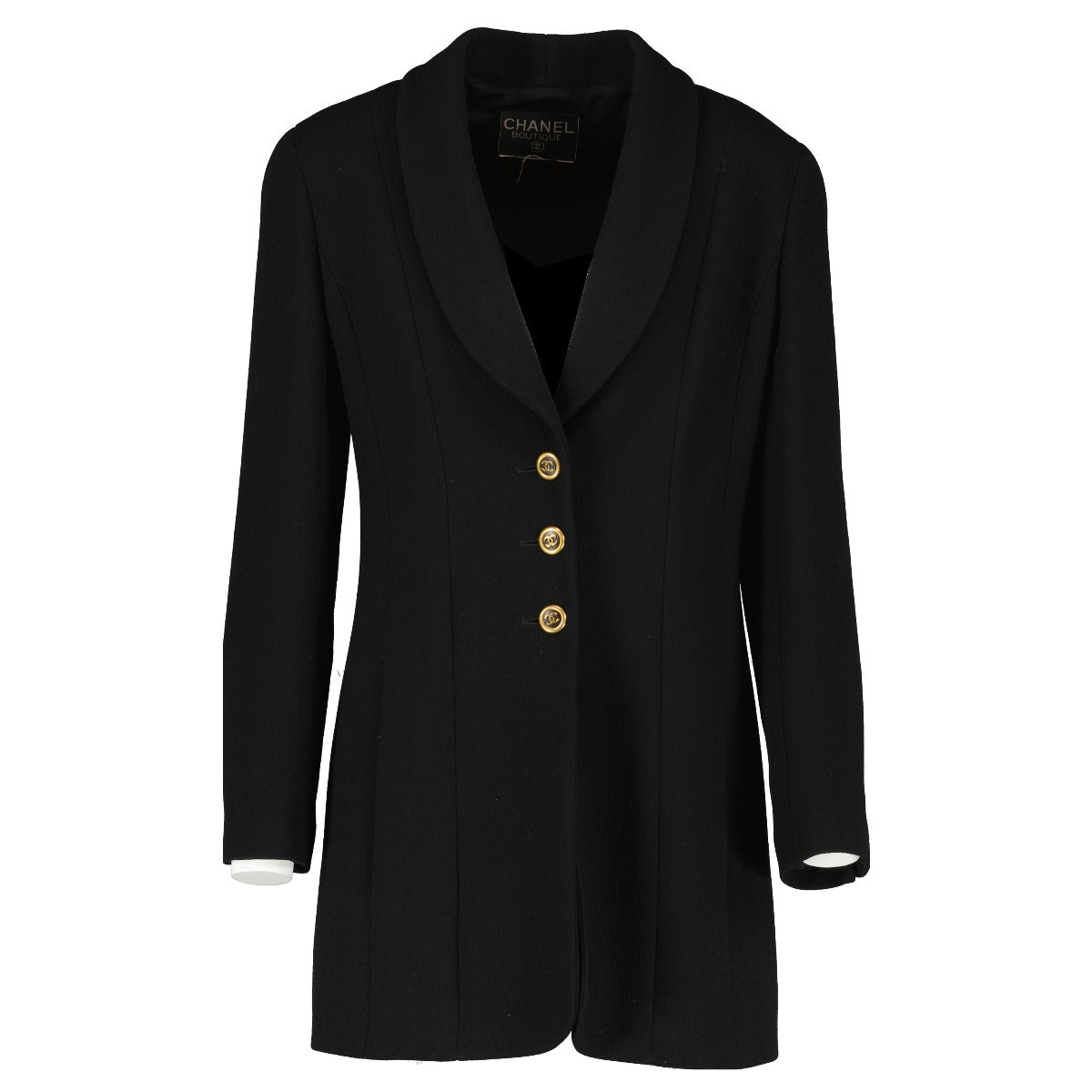 Chanel Vintage Black Wool Gold CC Button Jacket