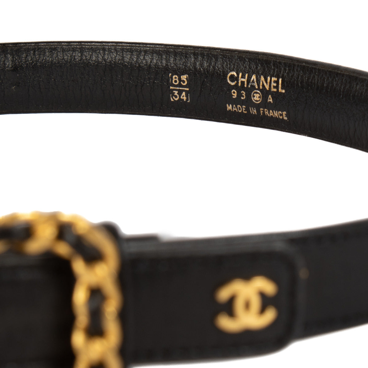 Ceinture Chanel 93A fine noire avec CC doré - taille 85