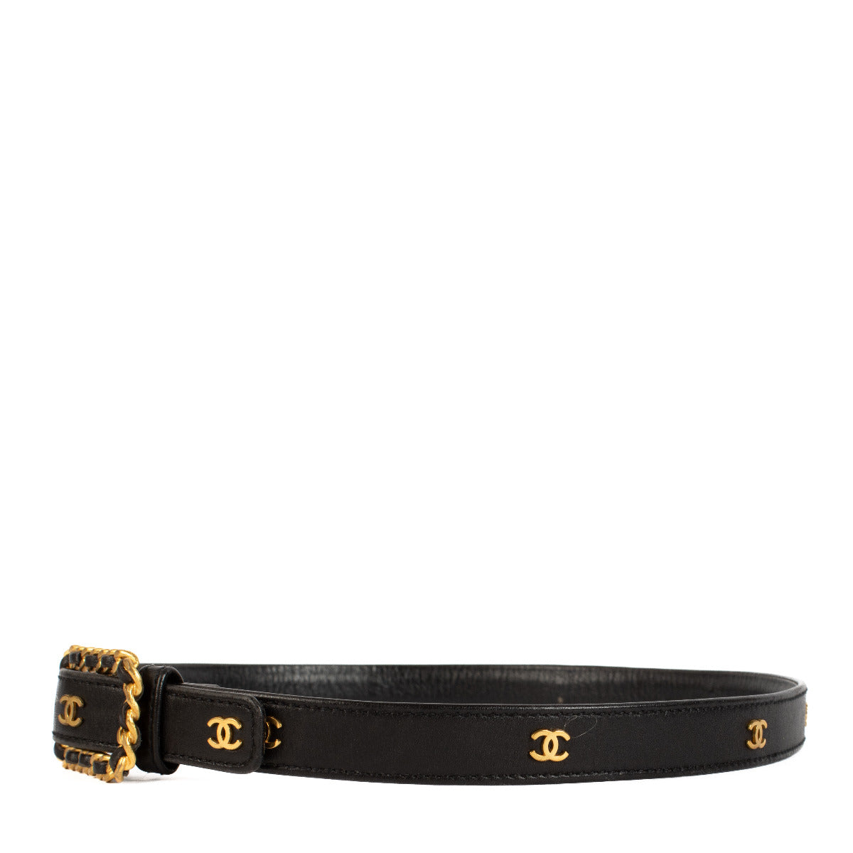 Ceinture Chanel 93A fine noire avec CC doré - taille 85