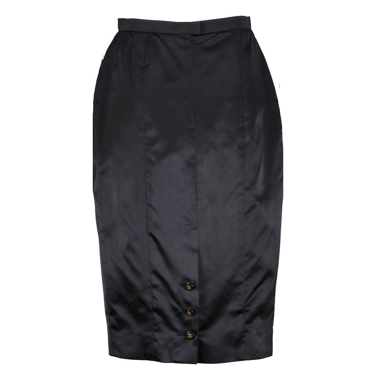 Jupe en satin de soie noir Chanel à boutons CC - Taille FR40