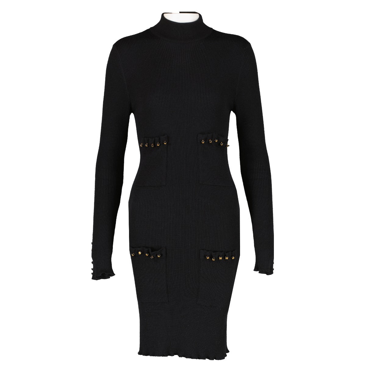 Chanel Vintage Black Knitted CC Button Midi Dress - Size FR42