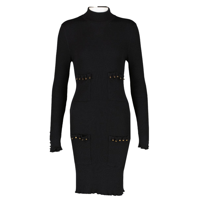 Chanel Vintage Black Knitted CC Button Midi Dress - Size FR42
