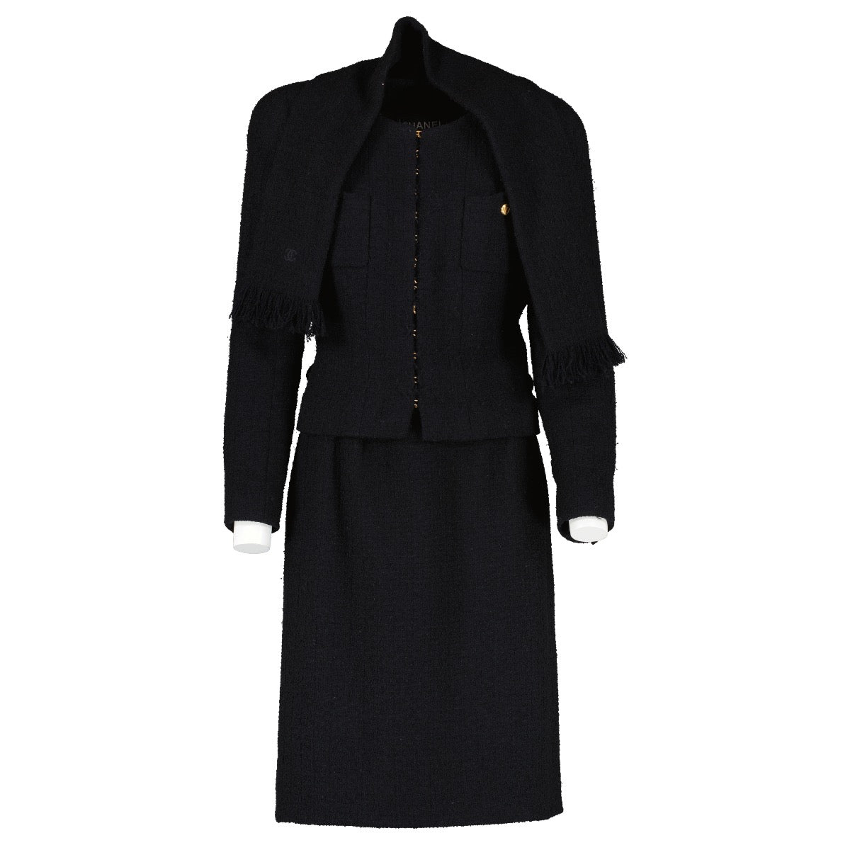 Chanel 96A Black Tweed Scarf/Jacket/Skirt Set