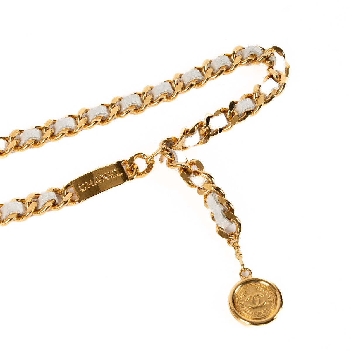 Chanel 94A White Leather Gold Chain Medallion Belt