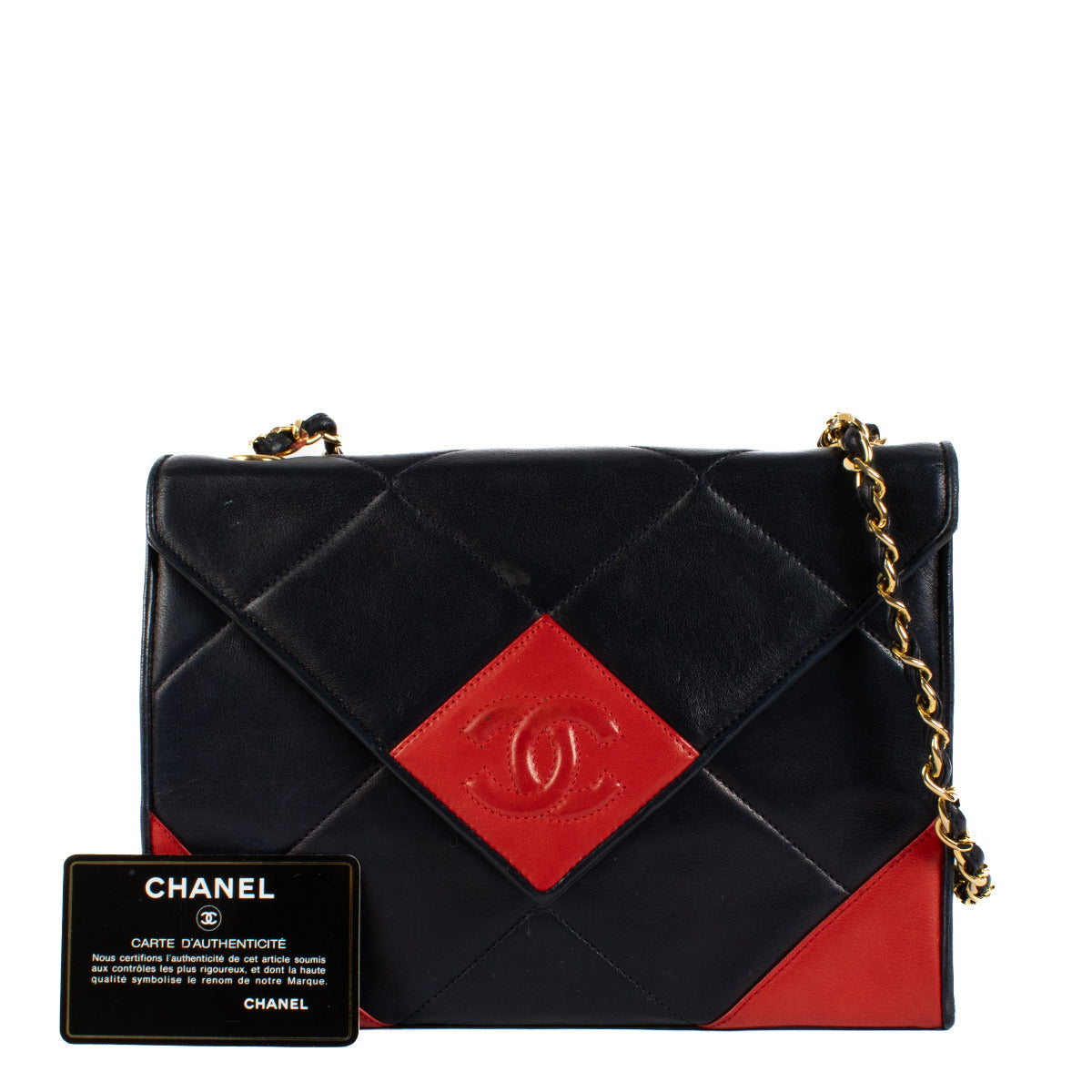 Chanel Navy Blue and Red Lambskin Shoulder Bag for the best price at Labellov secondhand luxury in Antwerp and Knokke.