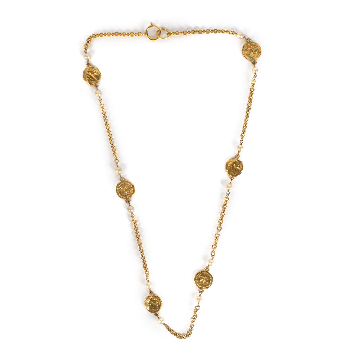 Chanel Vintage Goudkleurige Metalen Munt- en Parelketting