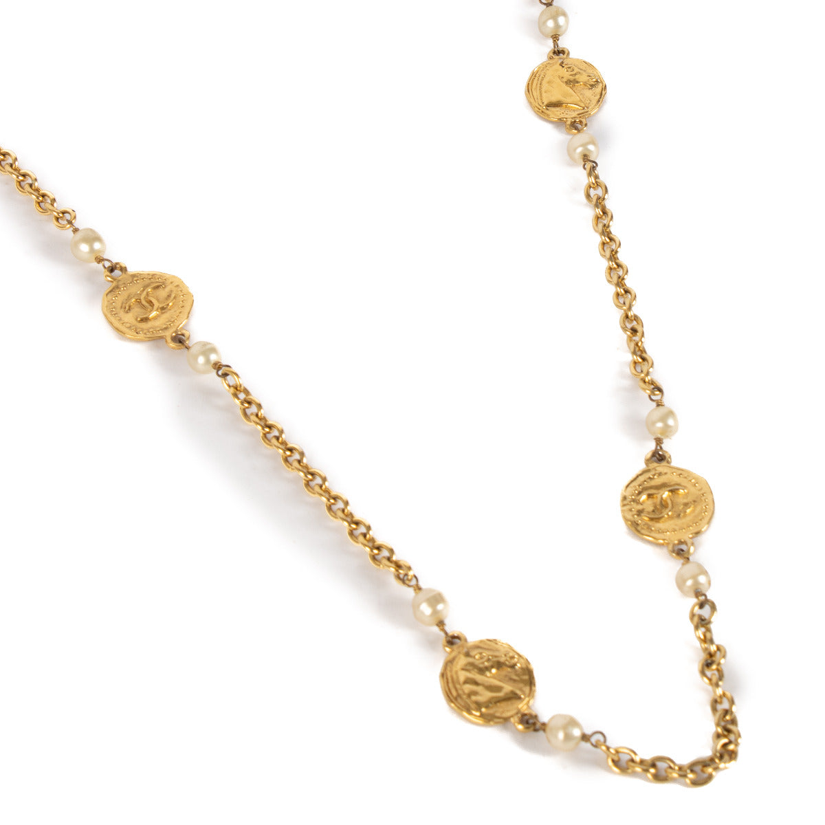 Chanel Gold-toned Metal Coin and Pearl Necklace