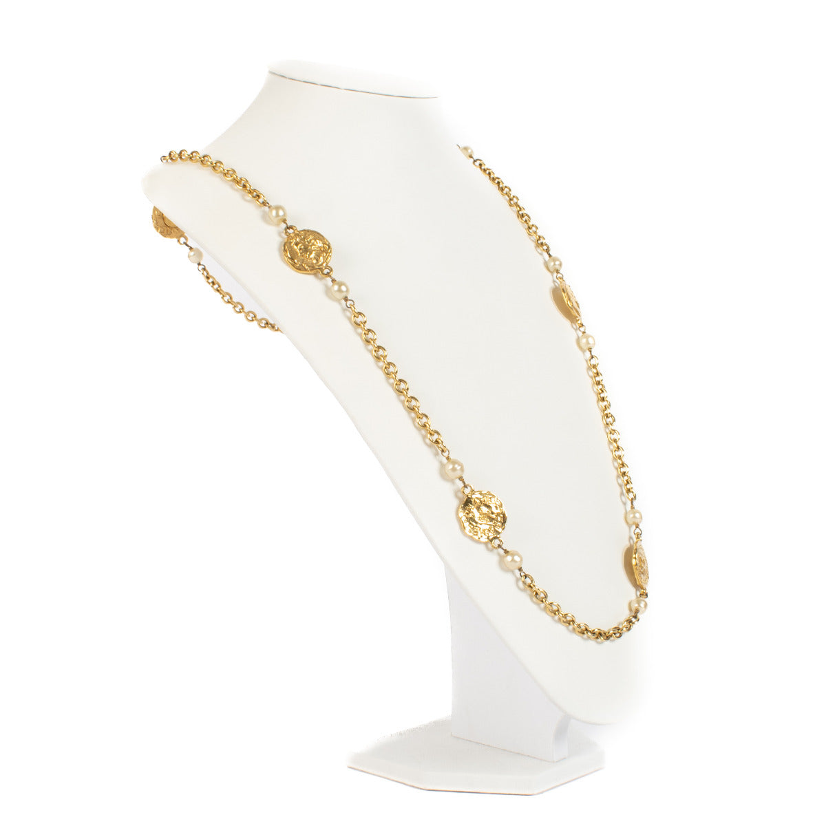 Chanel Gold-toned Metal Coin and Pearl Necklace